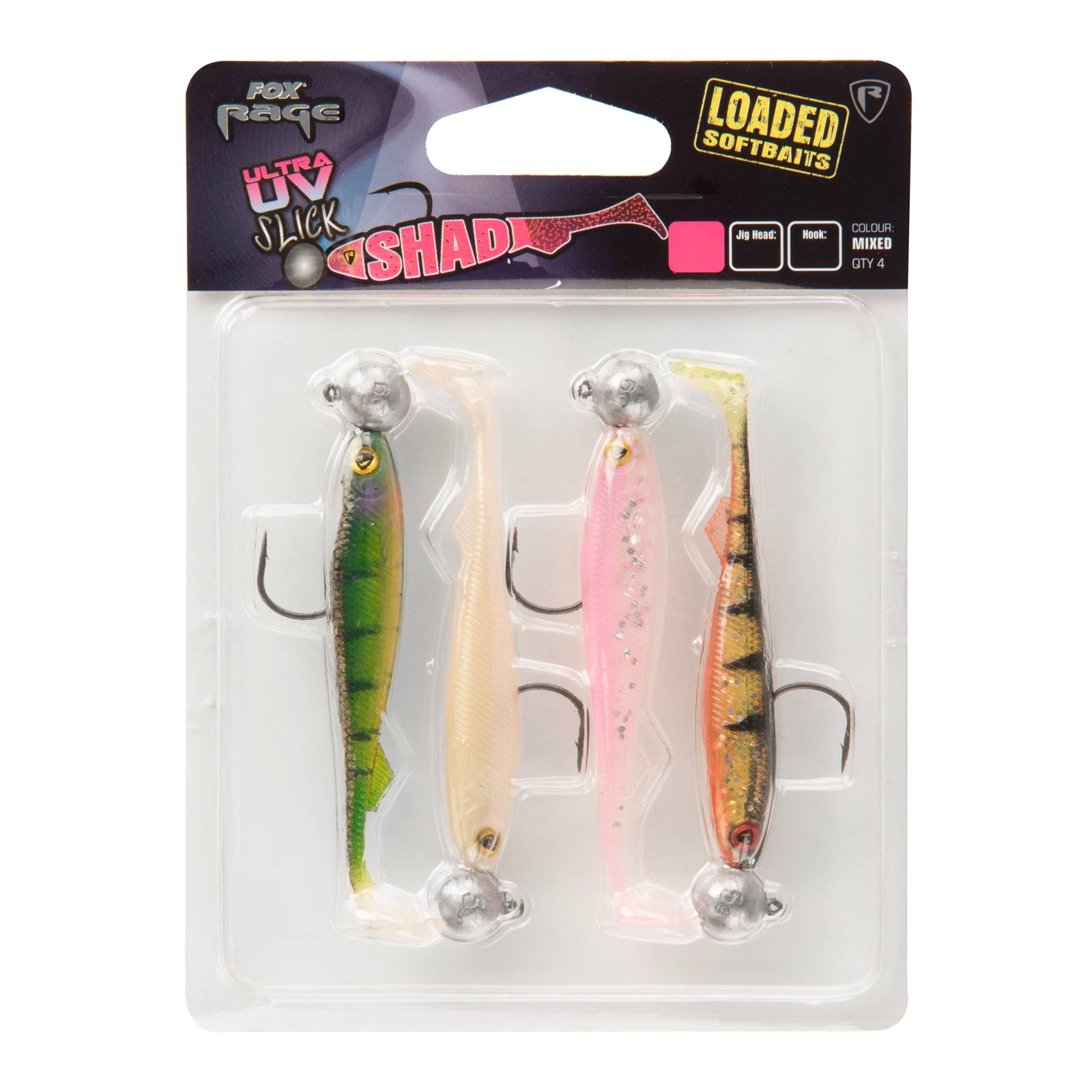 Fox Rage Slick Shad Loadet UV Mixed Colour 11cm 10g 3/0 x 4Stk Set montiert